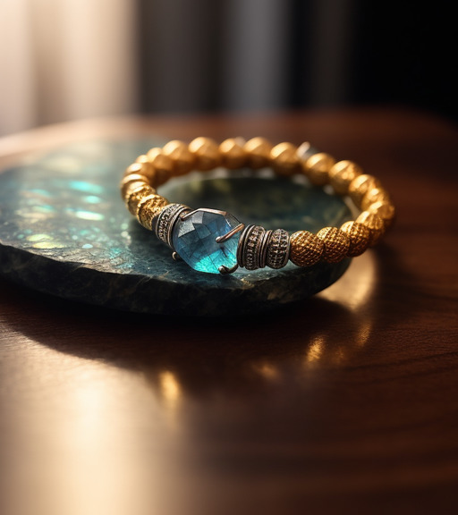 AI generated. Prompt: A product photograph of a beautiful bracelet made from hammered sterling silver with a labradorite stone in the center