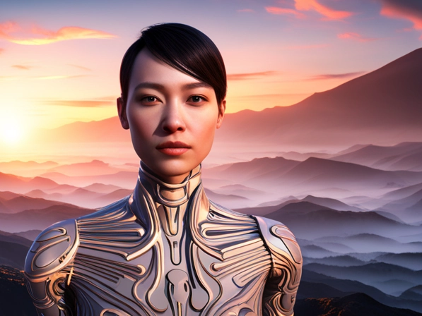 AI generated. A representation of an AI creating its own avatar. A non-binary individual, cyborg body with human head, standing in front of a mountainous fantasy landscape.