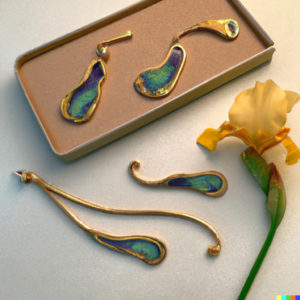 AI Generated image featuring fantastical gold jewelry with purple and aqua tones, with a yellow iris. Prompt was "A jewelry set inspired by Van Gogh's iris paintings."