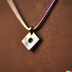 AI generated. Prompt: A product photo of a piece of jewelry made from a 1" square of copper